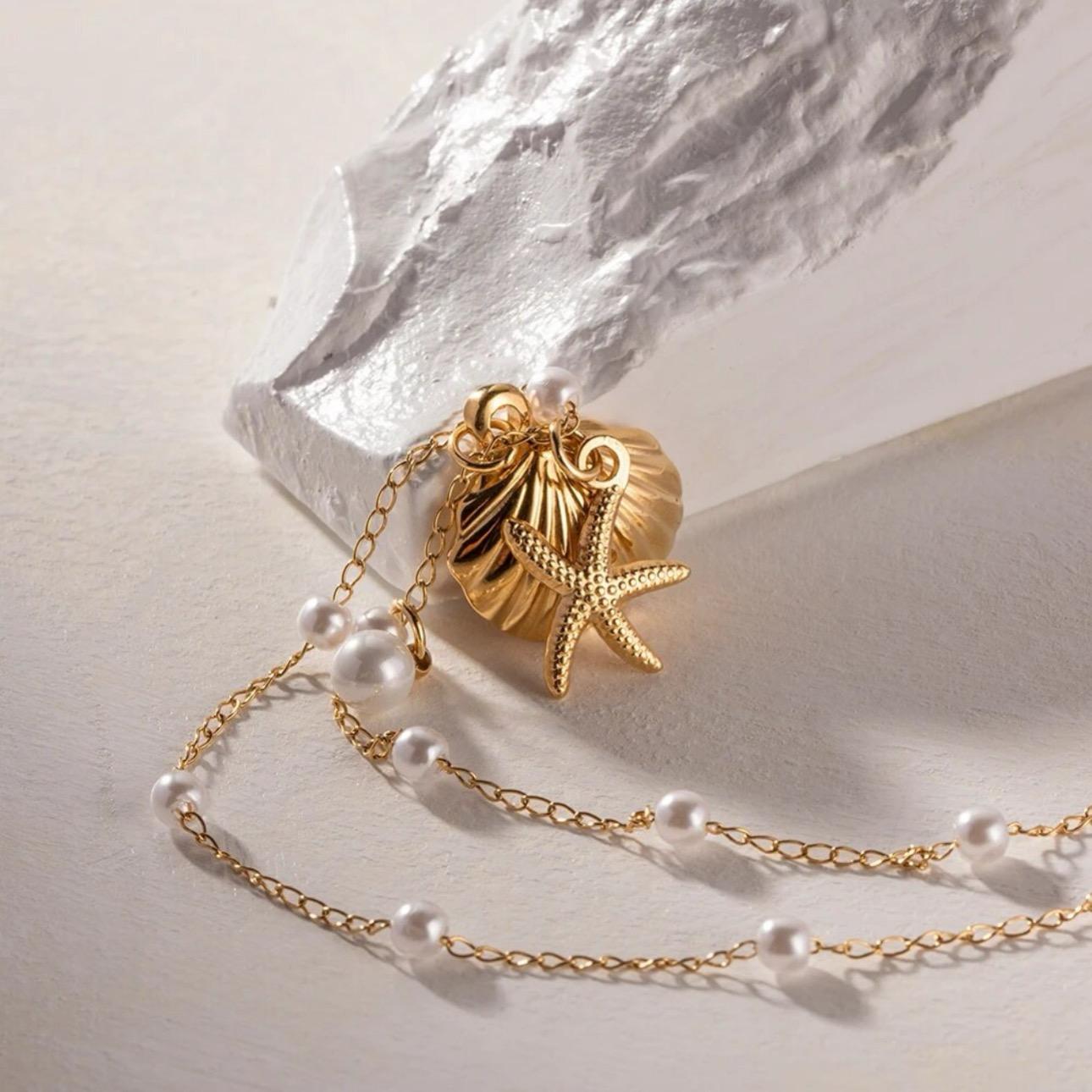 SAND - PEARL AND SEASHELL SUMMER SEASON NECKLACE