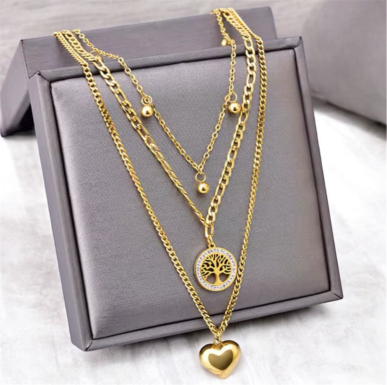 LIFE - GOLD THREE-LAYER NECKLACE: TREE OF LIFE, HEART & BEADS